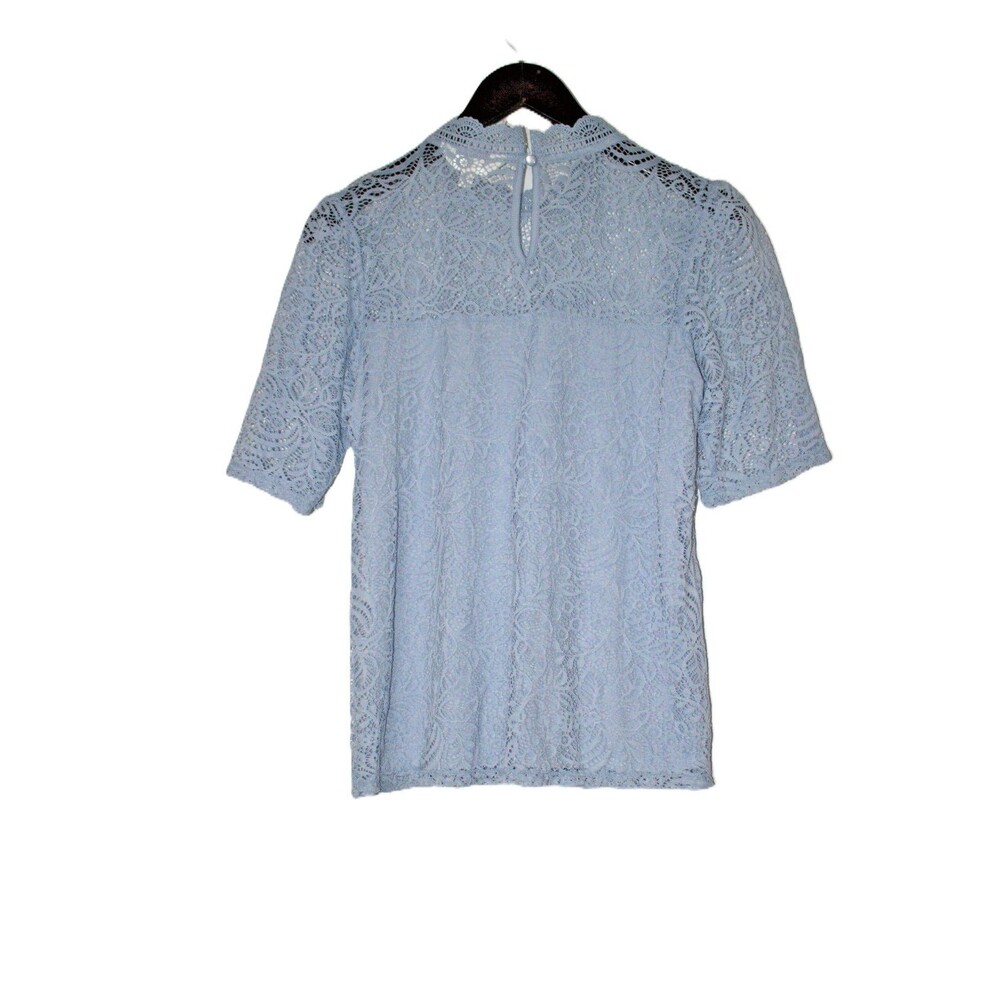 Adiva Womens Size Medium Lace Floral Top Blouse Short Sleeve Boho Light Blue - Picture 5 of 9